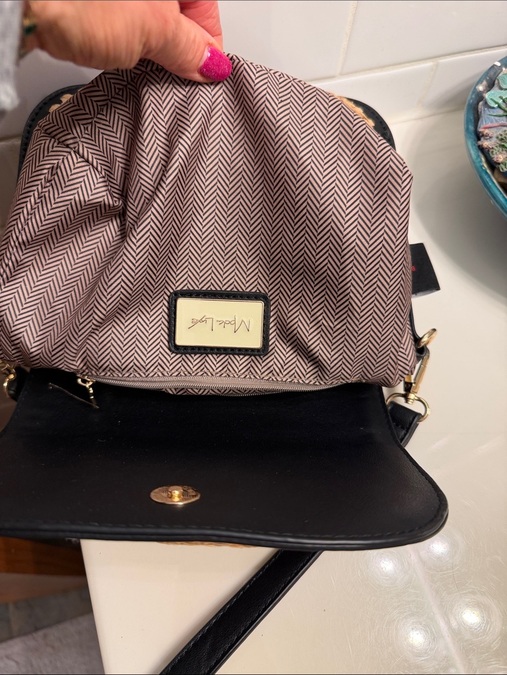 Moda Luxe Tan Woven Crossbody with Black Trim - Picture 7 of 7